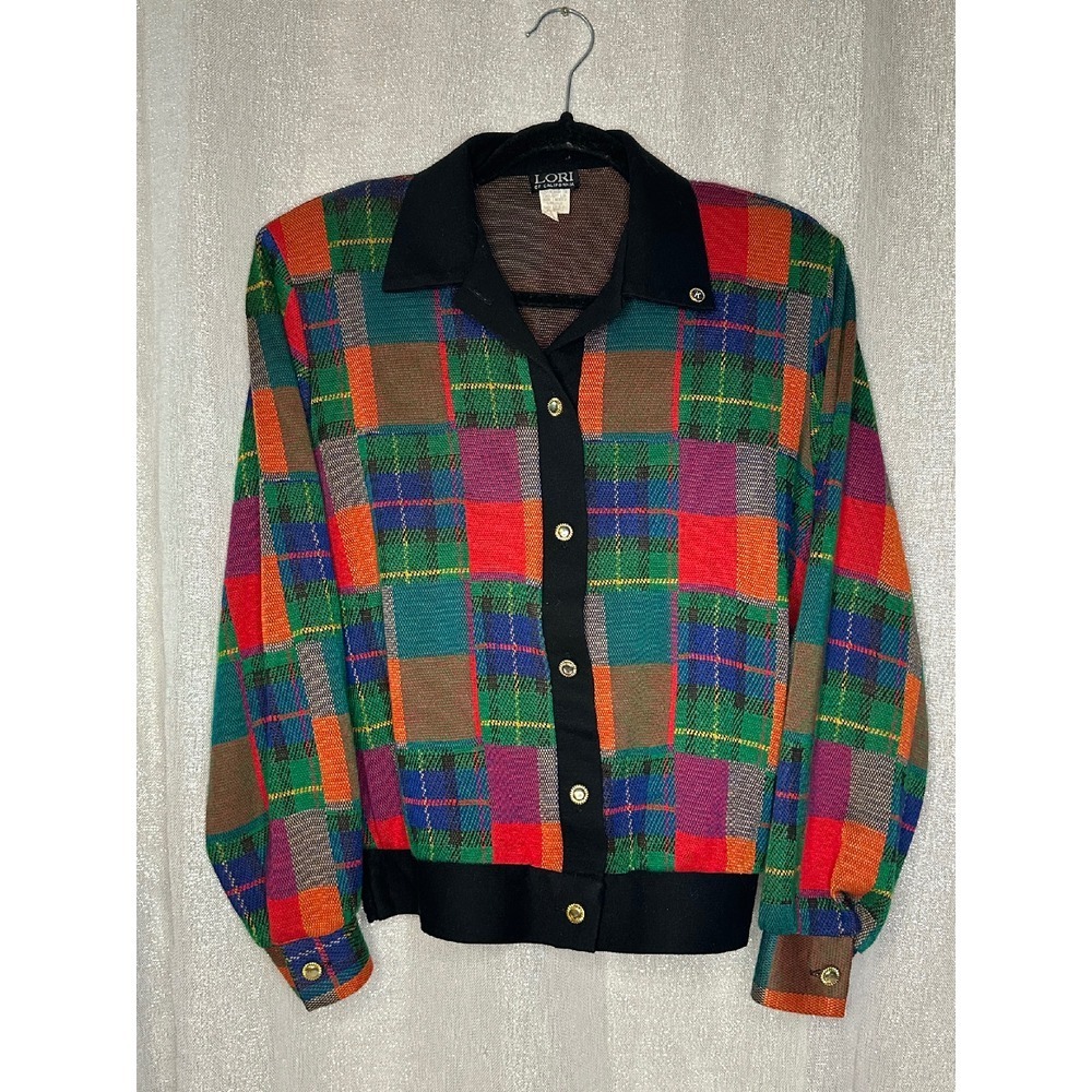 Lori of California Vintage‎ Plaid Knit Cardigan Button Up Colorful Small